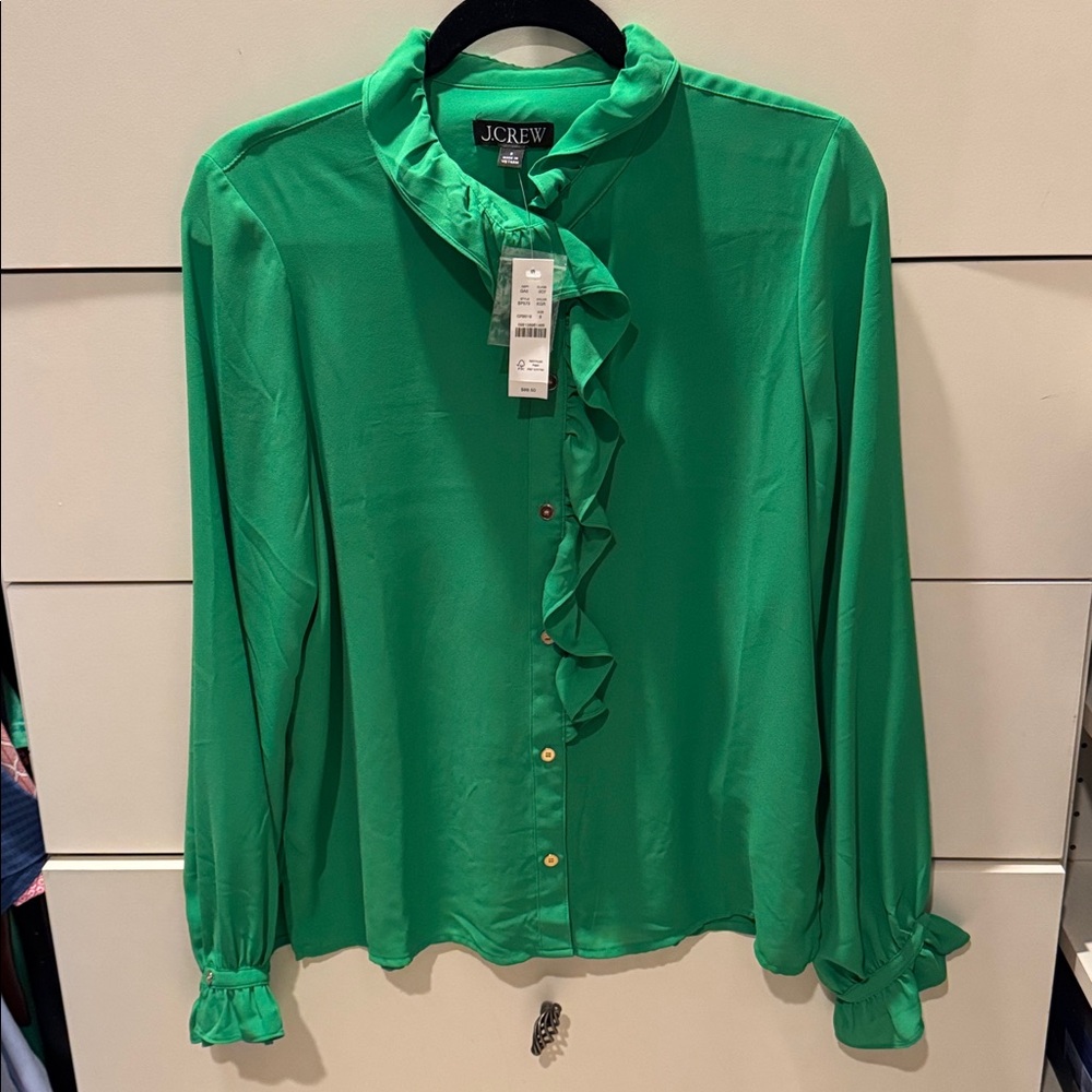 J. Crew Vibrant Green Ruffle Front Blouse